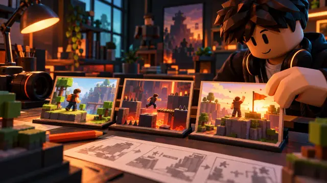 Original blocky creator illustration representing a Roblox campaign brief and clip review