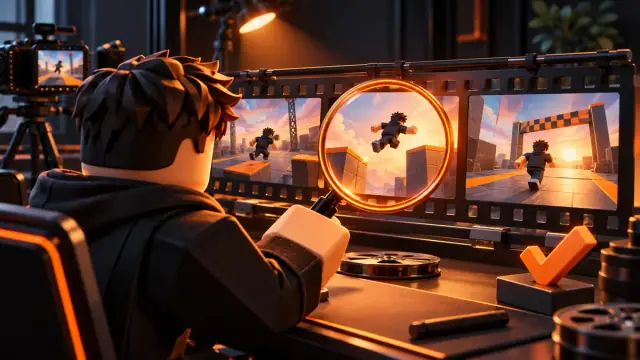 Original blocky video-editing illustration representing a Roblox clip submission checklist
