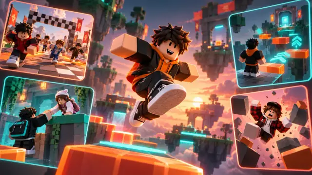 Blocky Roblox avatar and obstacle-course scenes inspiring original short videos