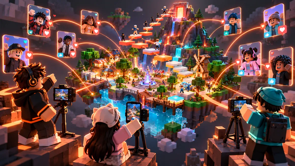 Blocky creator avatars sharing gameplay from a Roblox game island