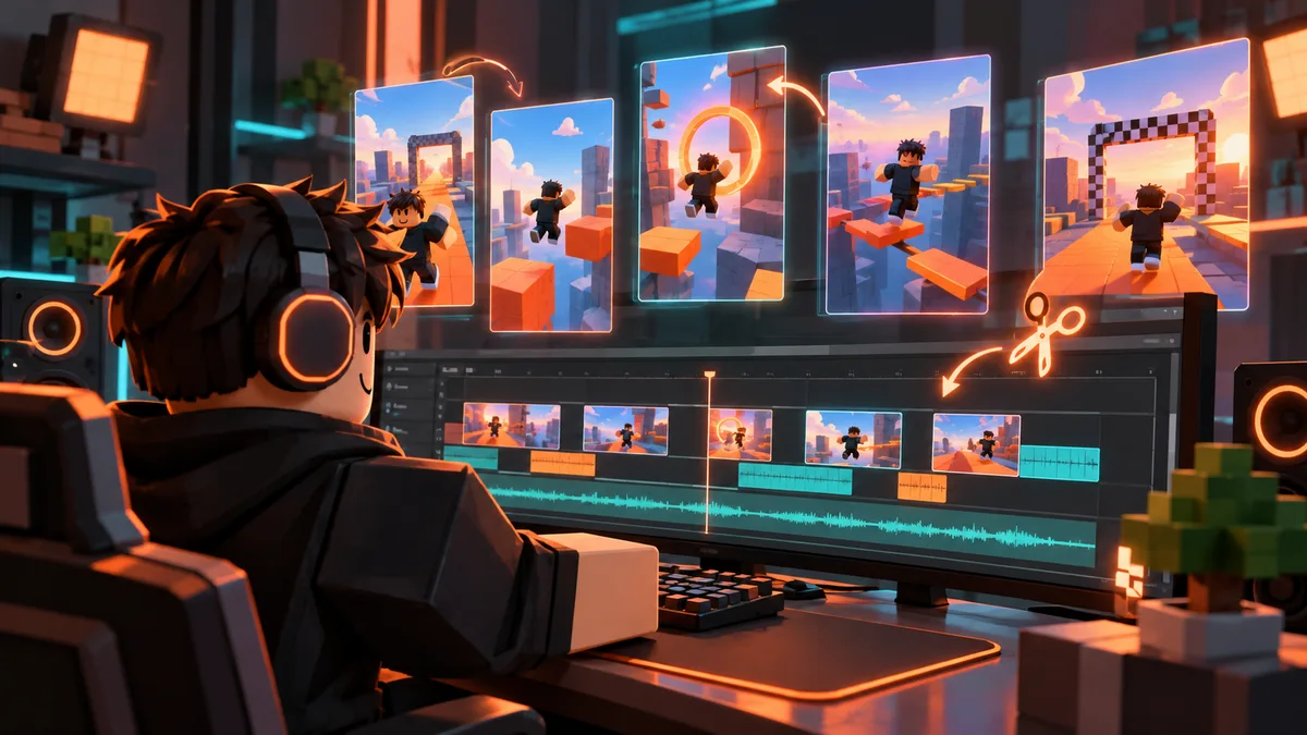 Blocky Roblox video editor arranging original gameplay clips on a timeline