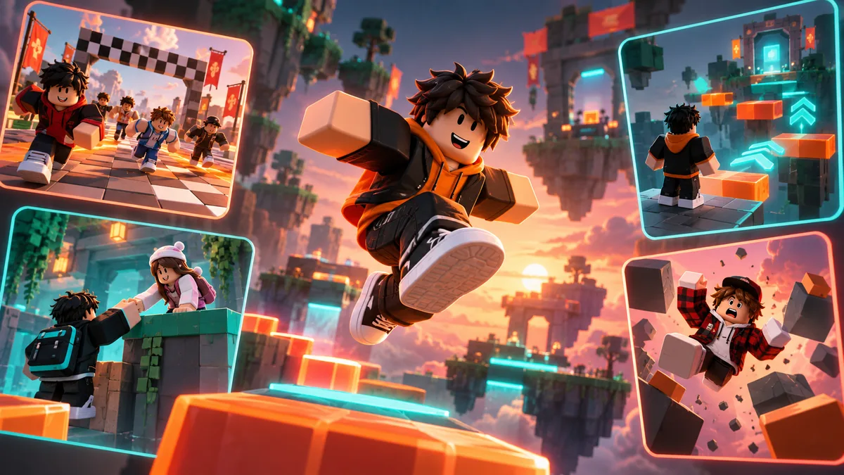 Blocky Roblox avatar and obstacle-course scenes inspiring original short videos